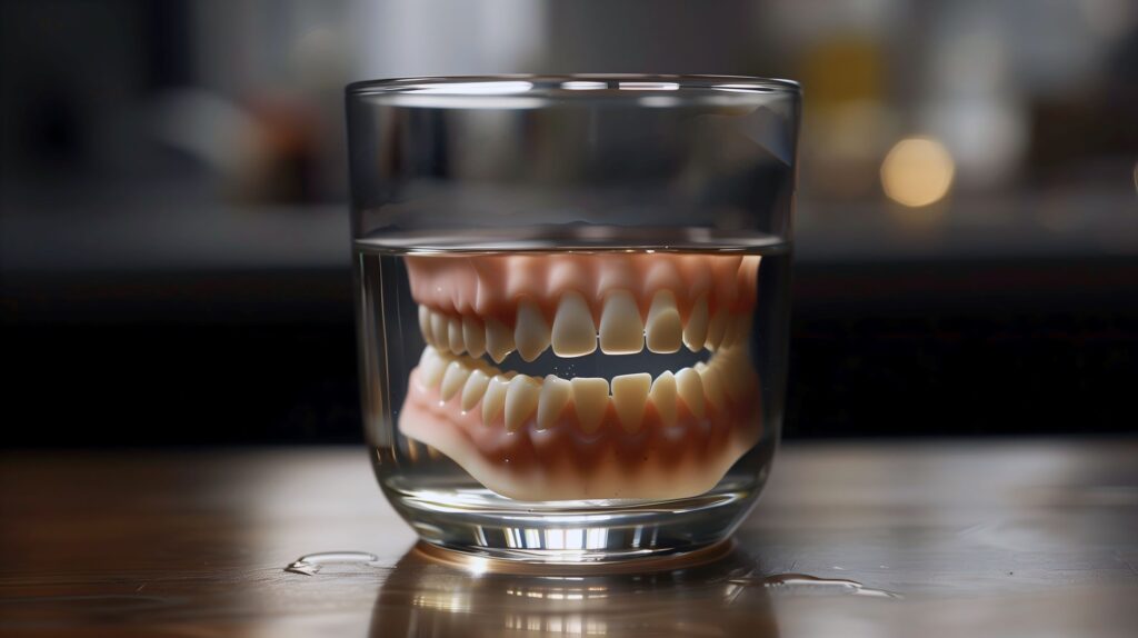 A pair of dentures soaking in a cup of water.